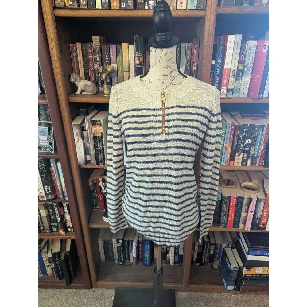 Tory Burch Women's Size Medium Blue White 1/4 Zip Merino Wool Sweater